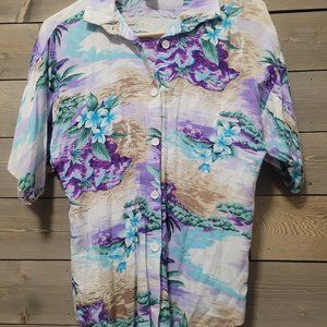 VINTAGE HAWAIIAN SHIRT Blue and Purple Tropical Island Hawaiian Beach Sz M